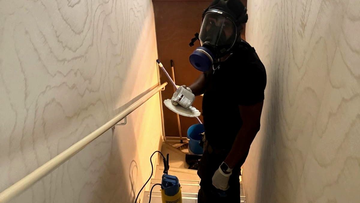 Technicien en masque respiratoire intégral pulvérisant un traitement dans une cage d'escalier