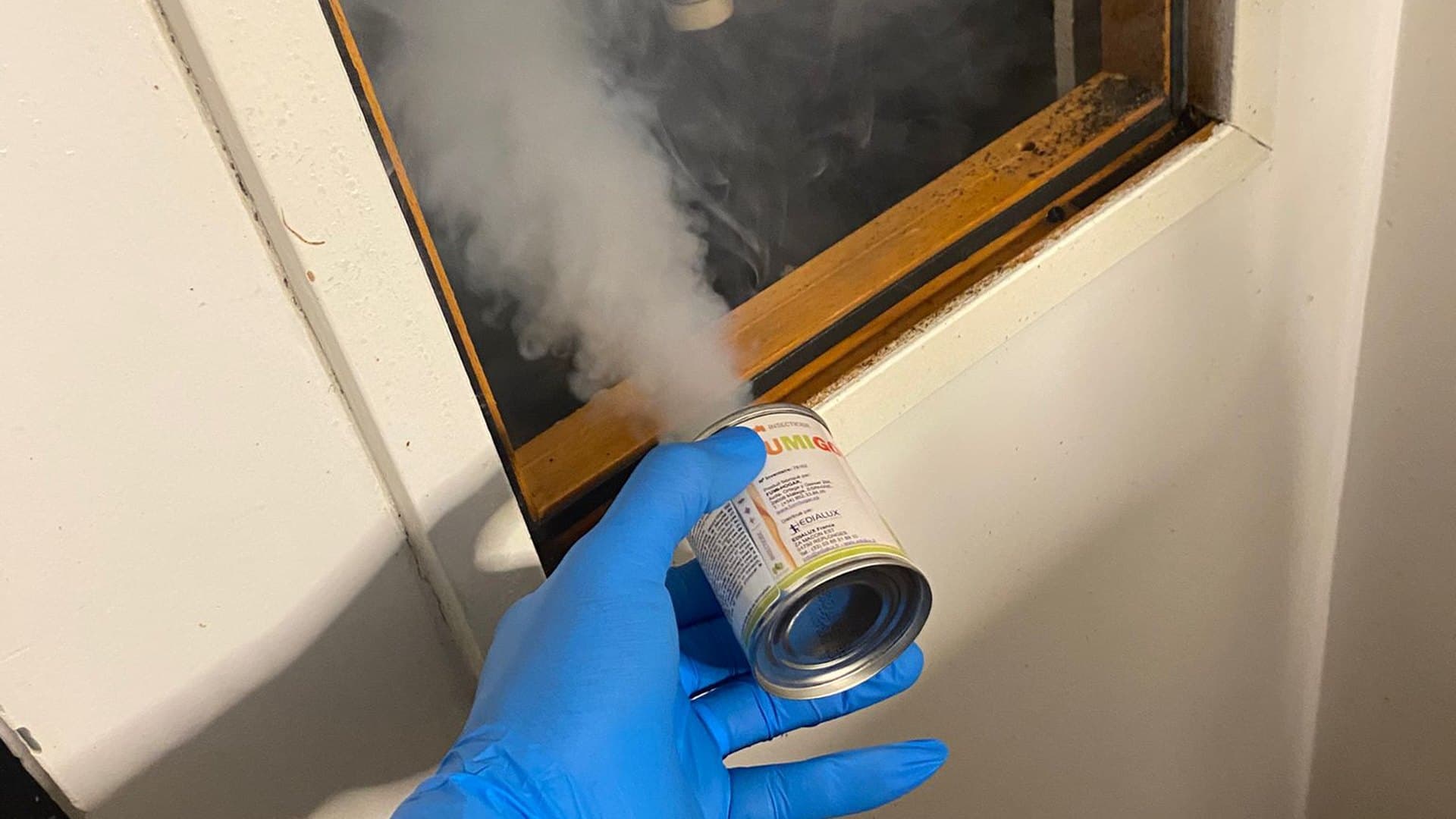 Fumigène insecticide déclenché par un technicien ganté près d'une fenêtre